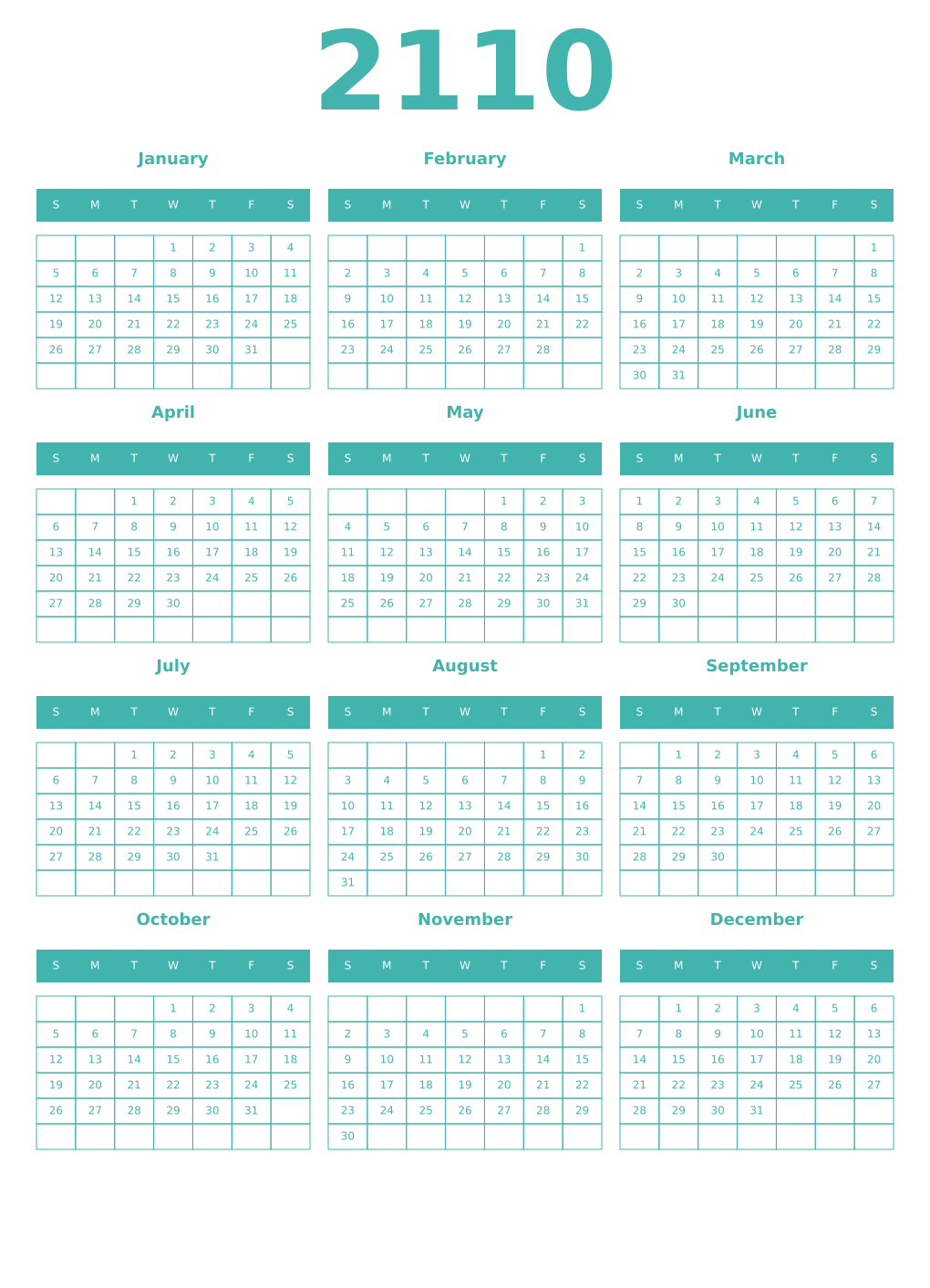 Printable 2110 Year Calendars verdigris