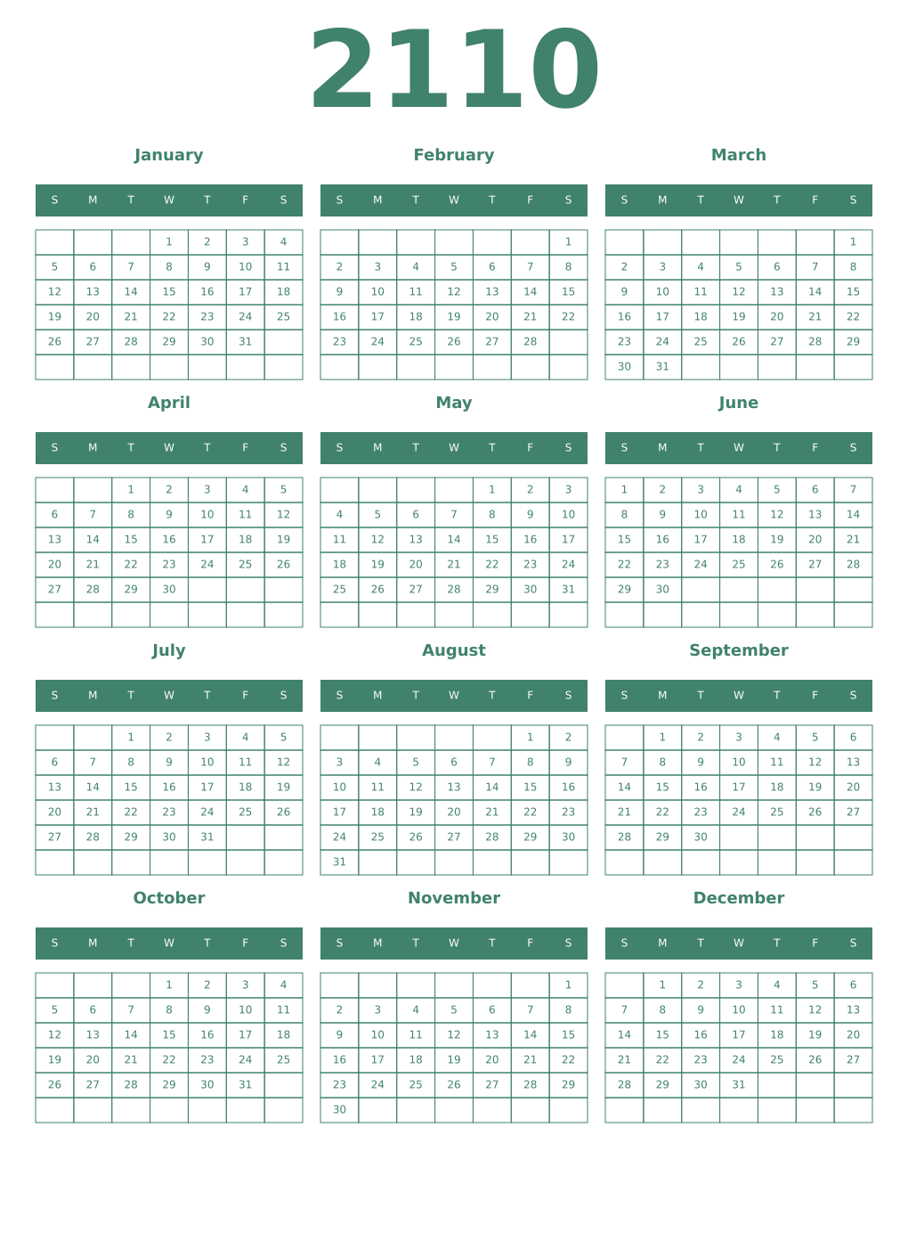 Printable 2110 Year Calendars viridian