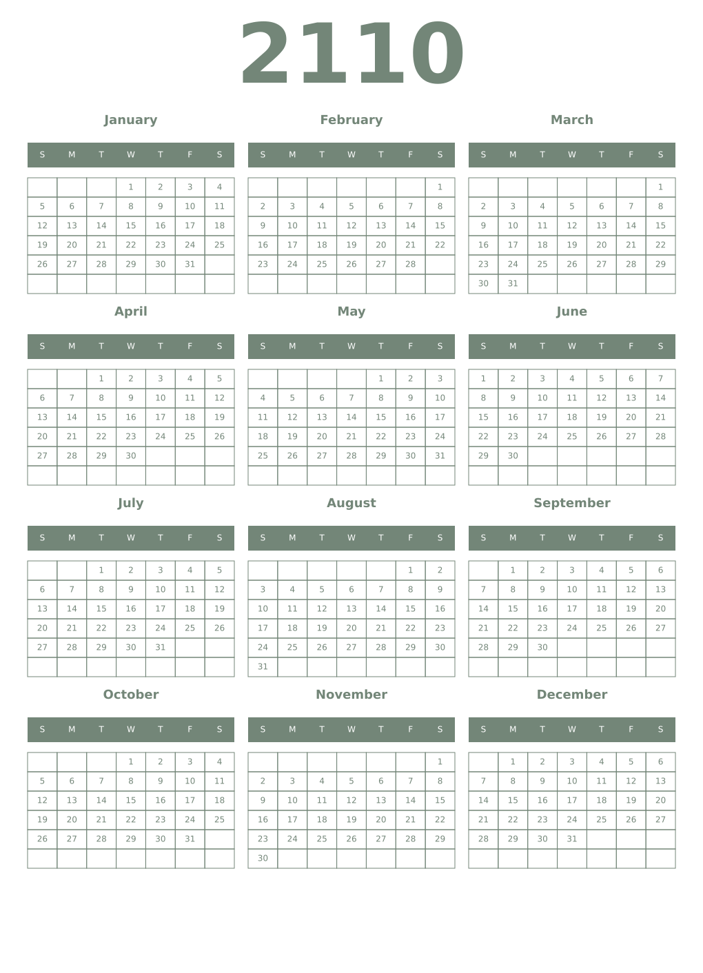 Printable 2110 Year Calendars xanadu