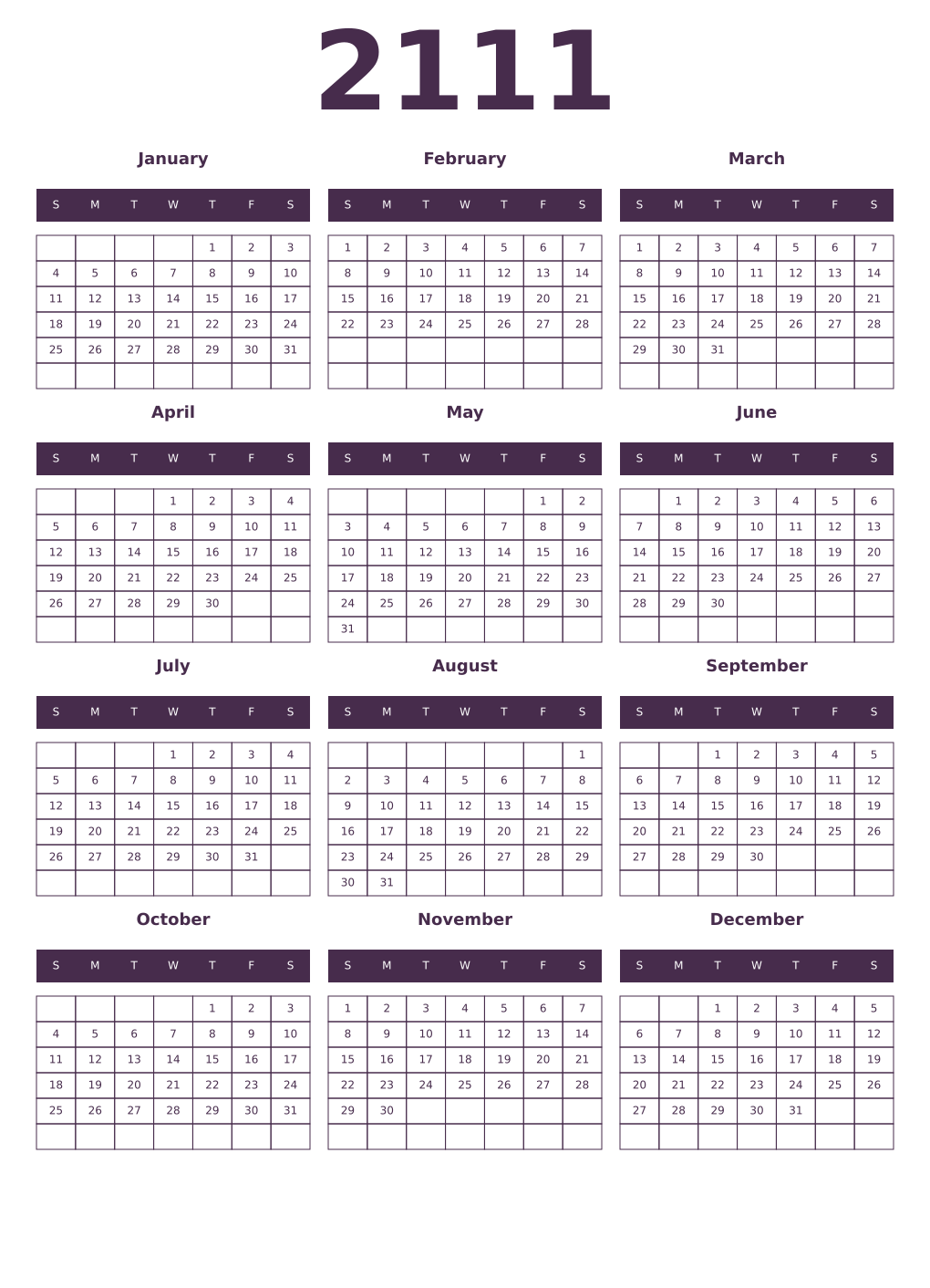 Printable 2111 Year Calendars aubergine