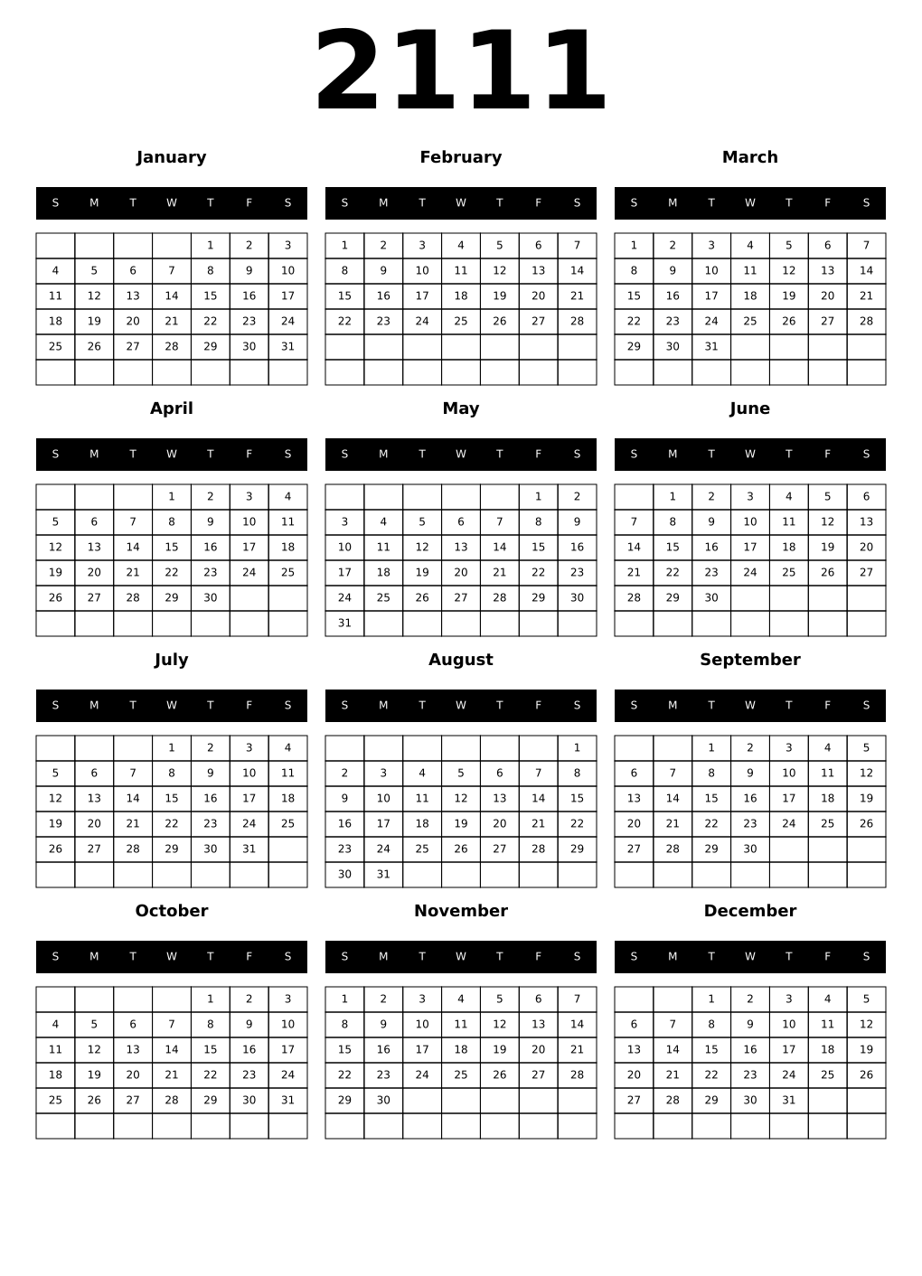 Printable 2111 Year Calendars black