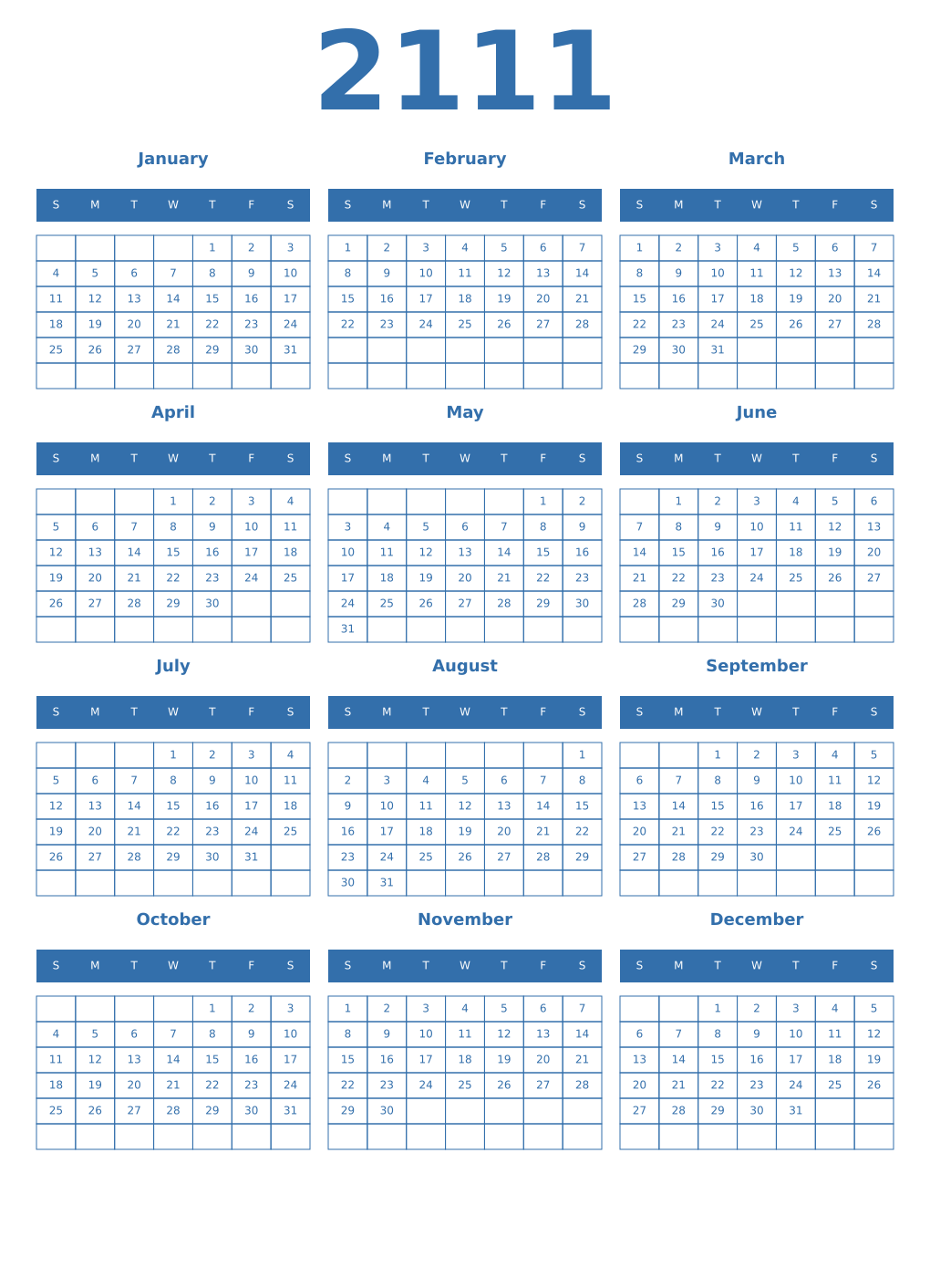 Printable 2111 Year Calendars blue