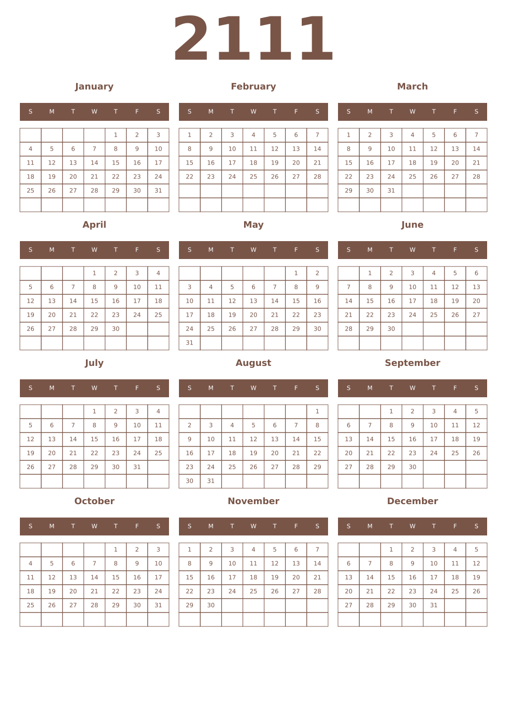 Printable 2111 Year Calendars coffe