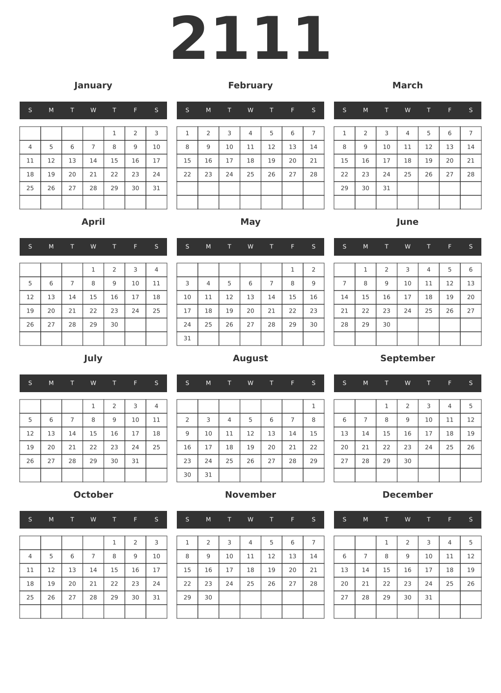 Printable 2111 Year Calendars dark