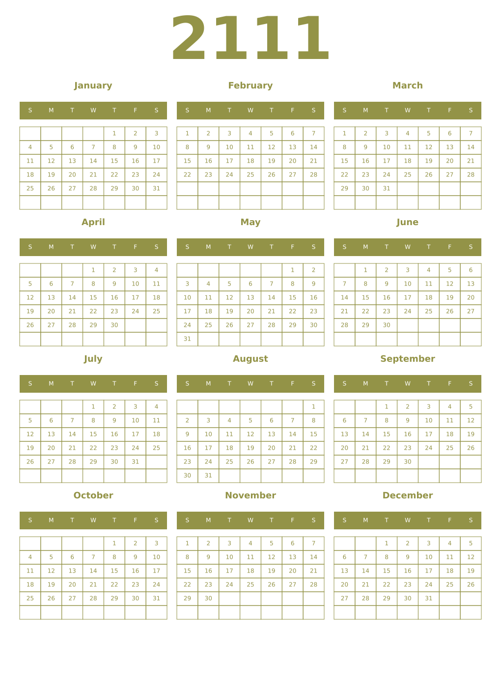 Printable 2111 Year Calendars eburnean