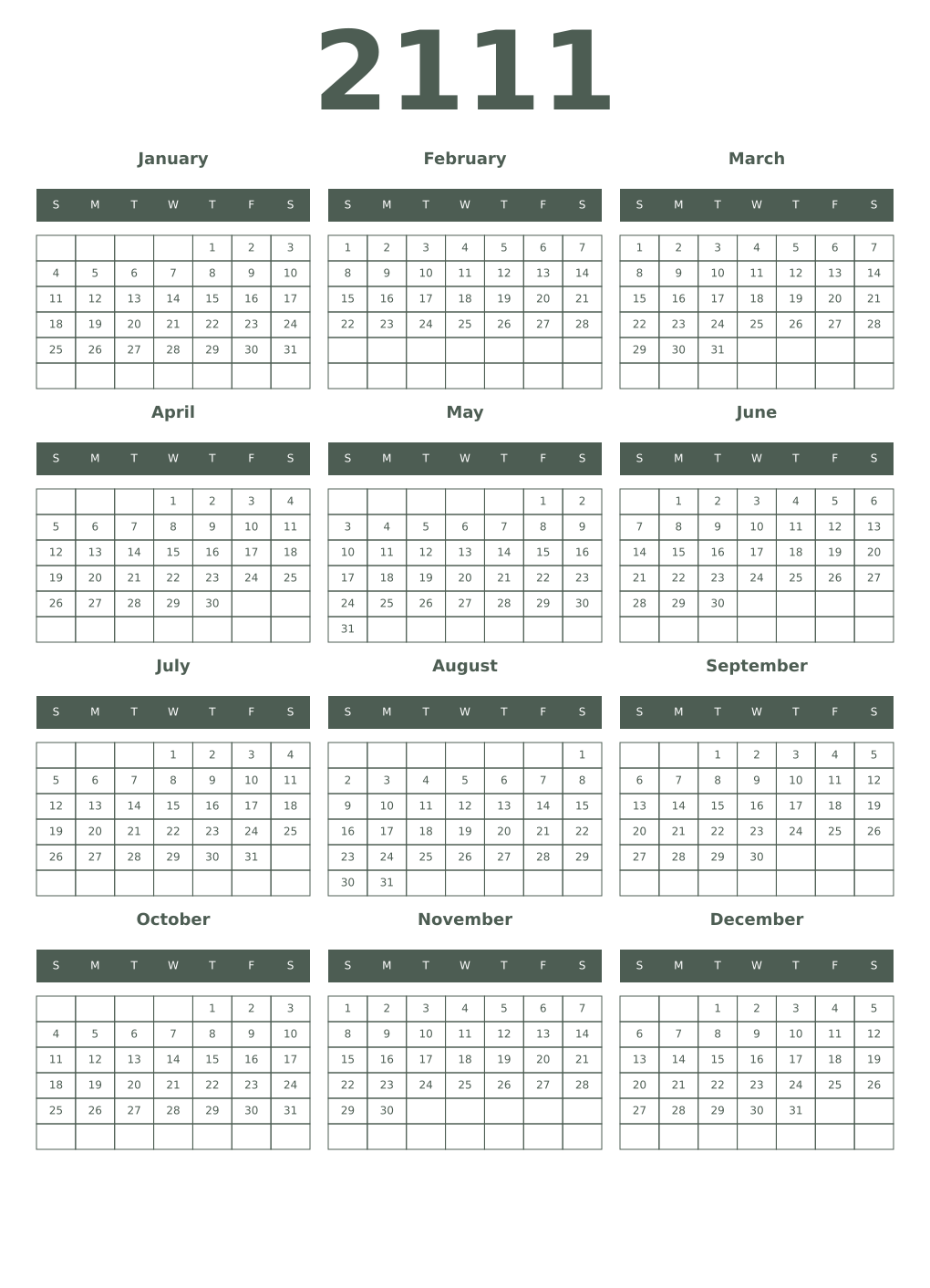 Printable 2111 Year Calendars feldgrau