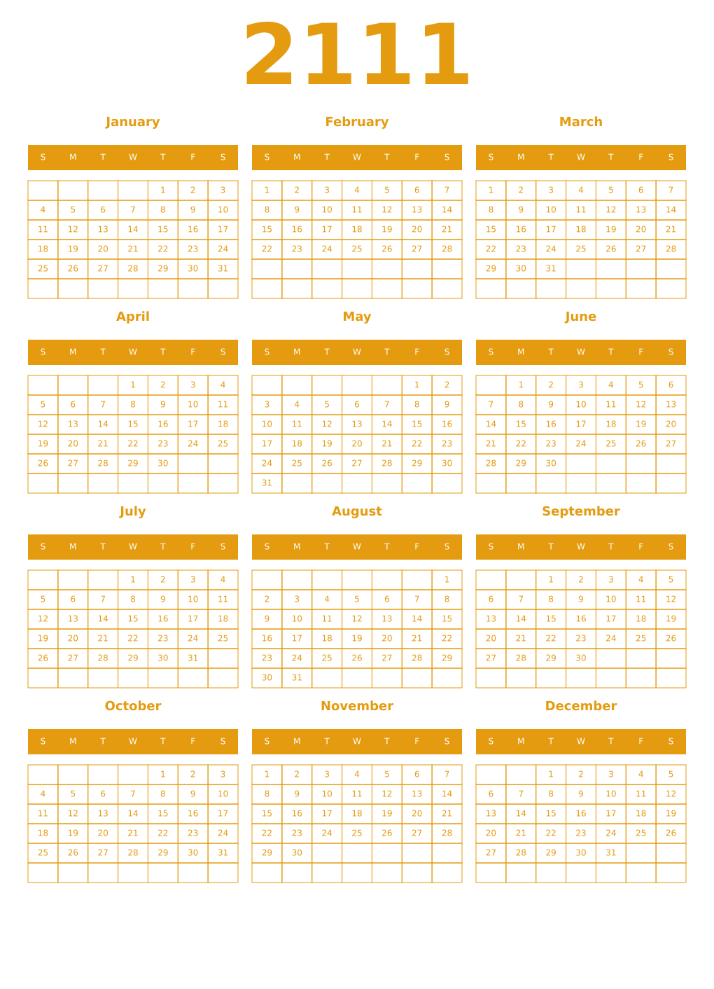 Printable 2111 Year Calendars gamboge