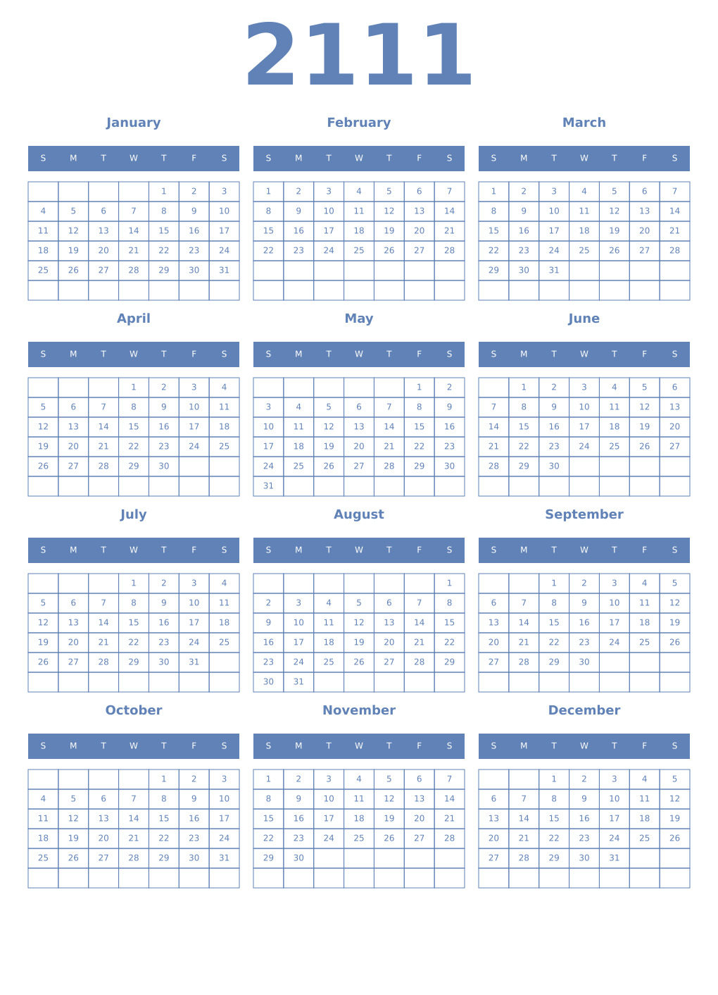Printable 2111 Year Calendars glaucous