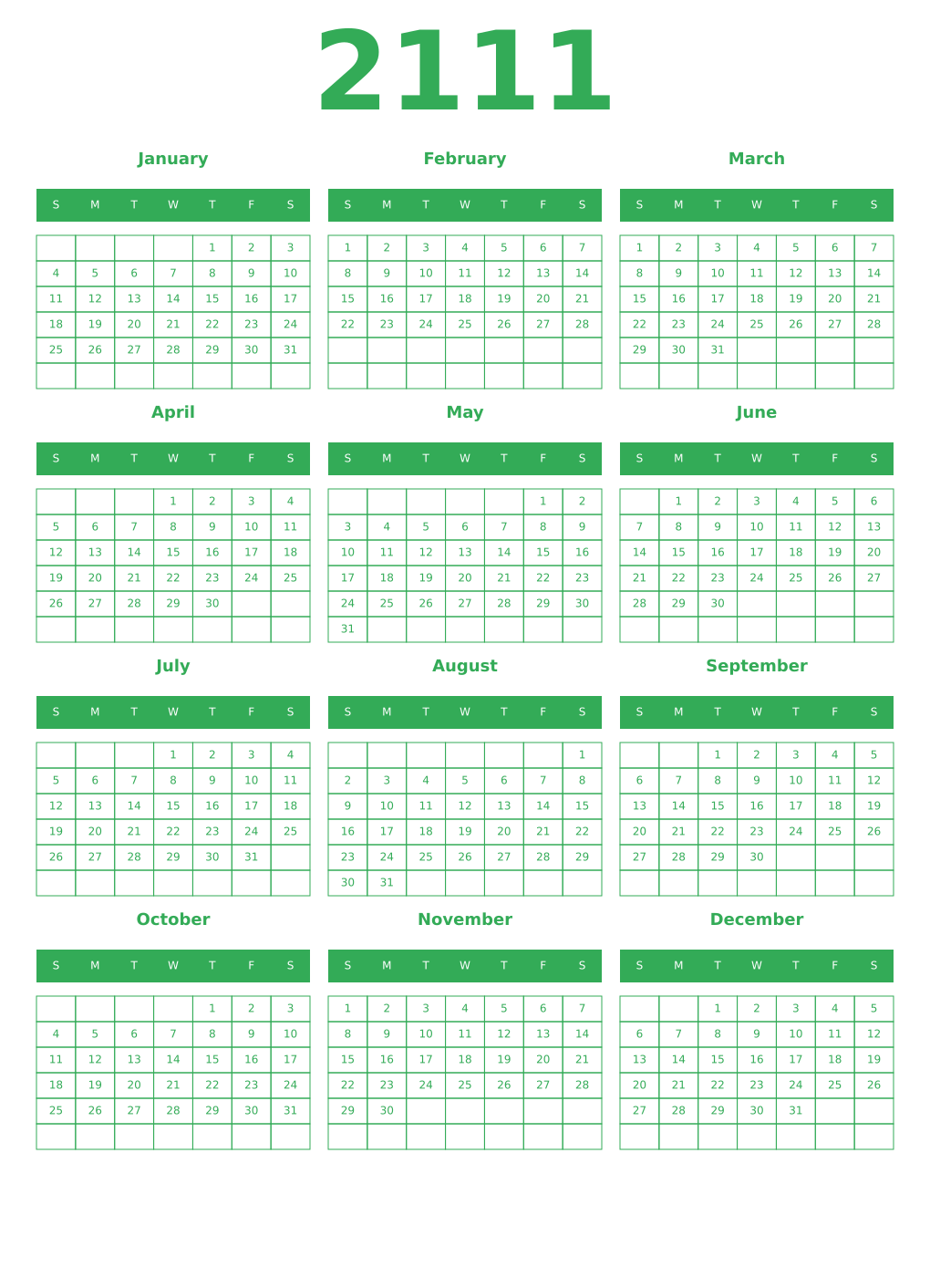 Printable 2111 Year Calendars green