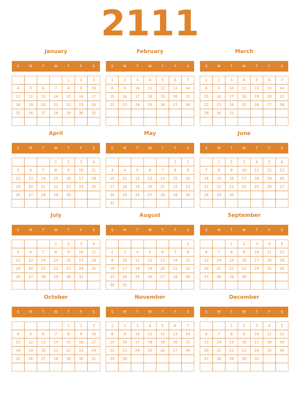 Printable 2111 Year Calendars orange