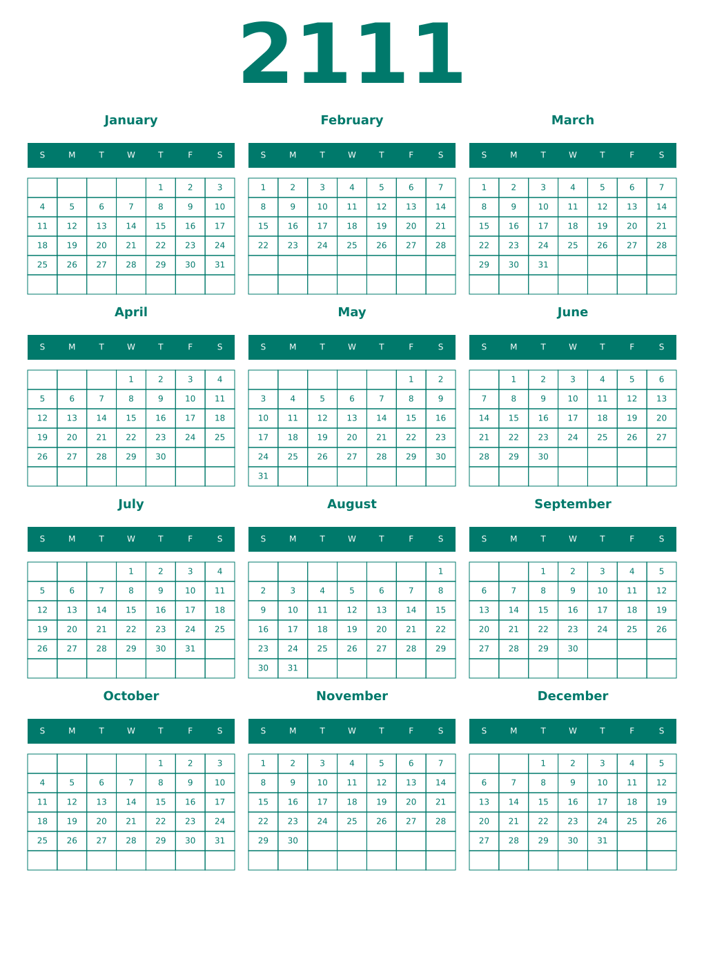 Printable 2111 Year Calendars pastel