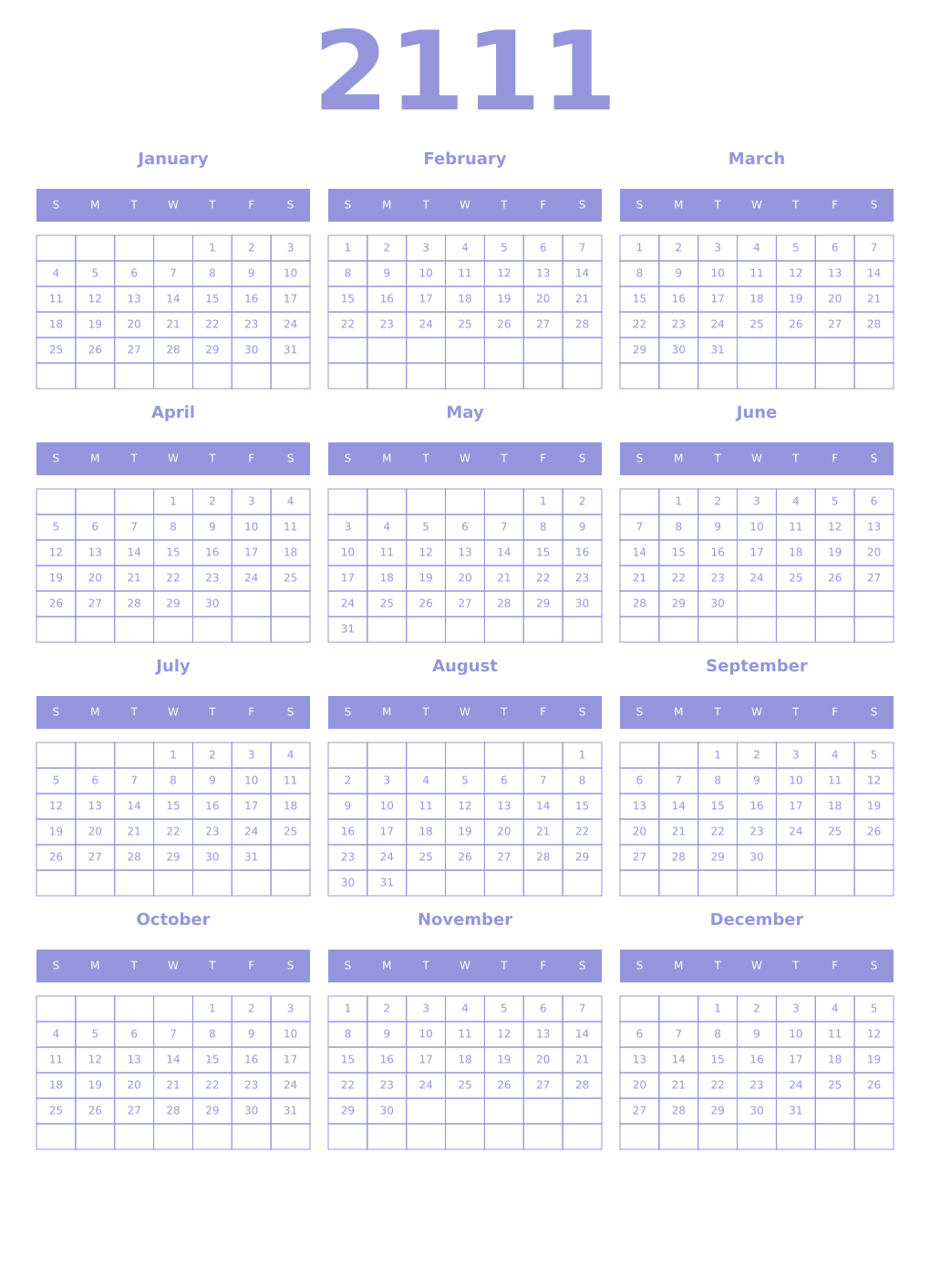 Printable 2111 Year Calendars periwinkle