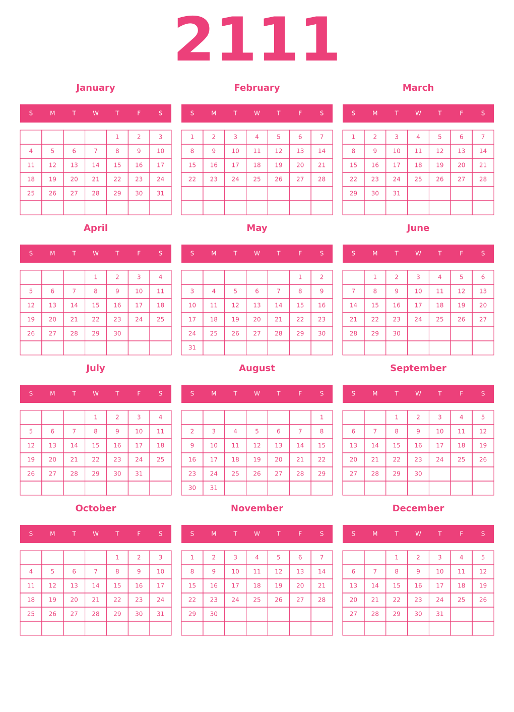 Printable 2111 Year Calendars pink