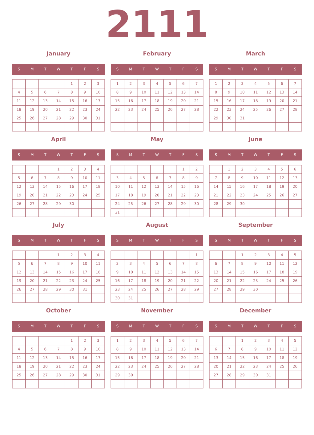 Printable 2111 Year Calendars puce