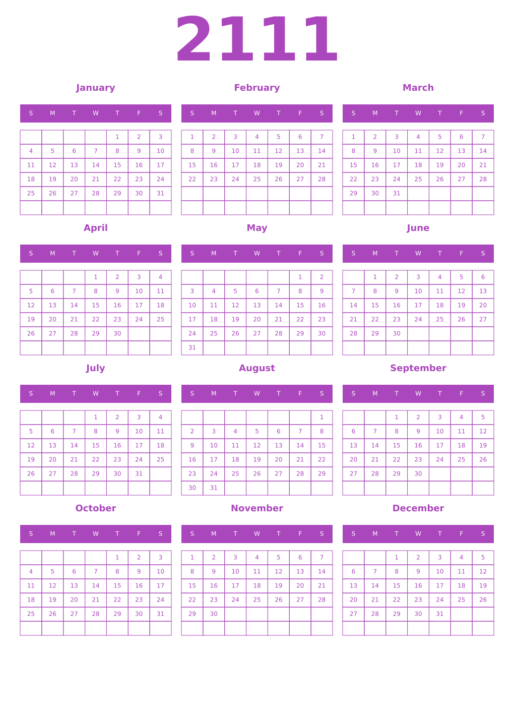 Printable 2111 Year Calendars purple