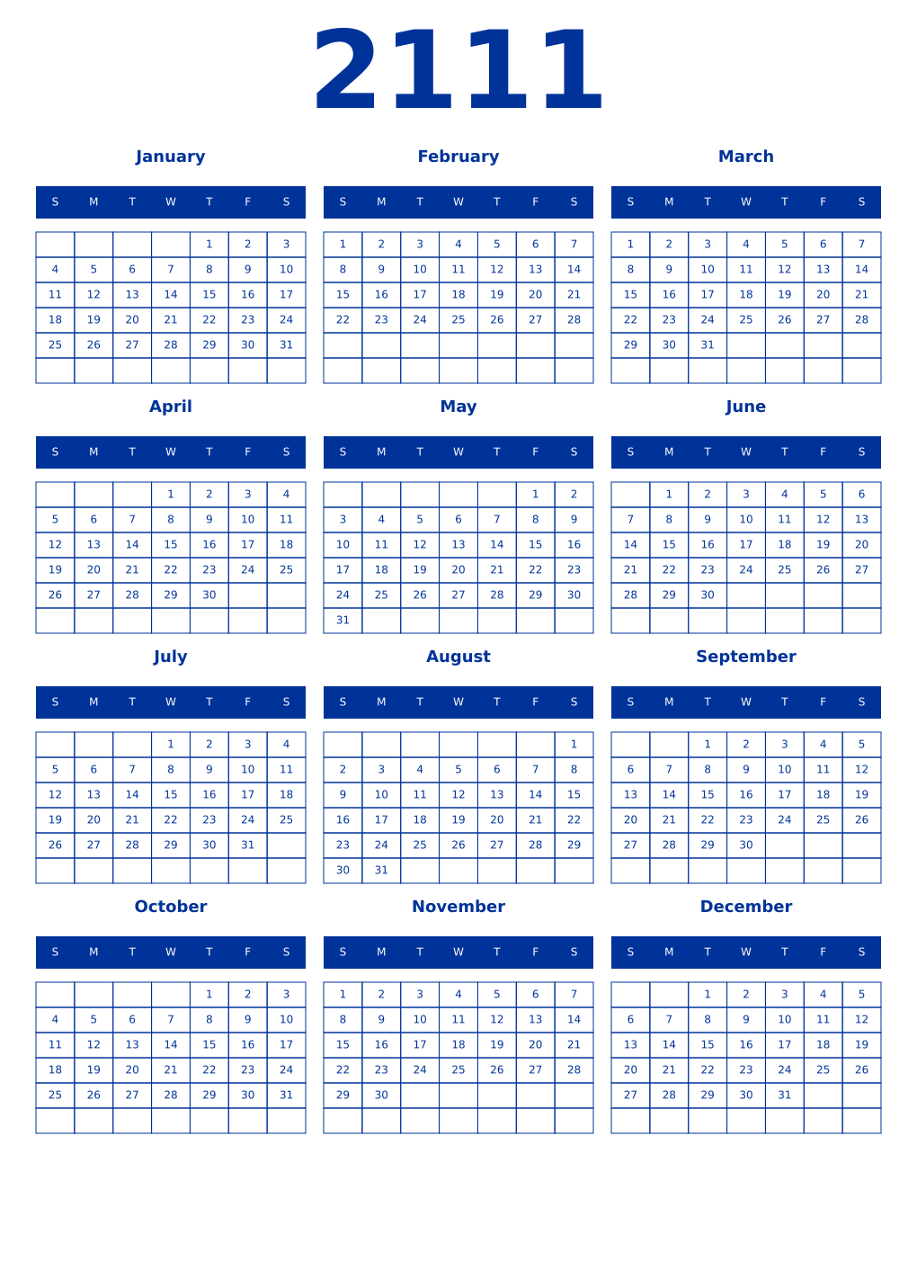 Printable 2111 Year Calendars smalt