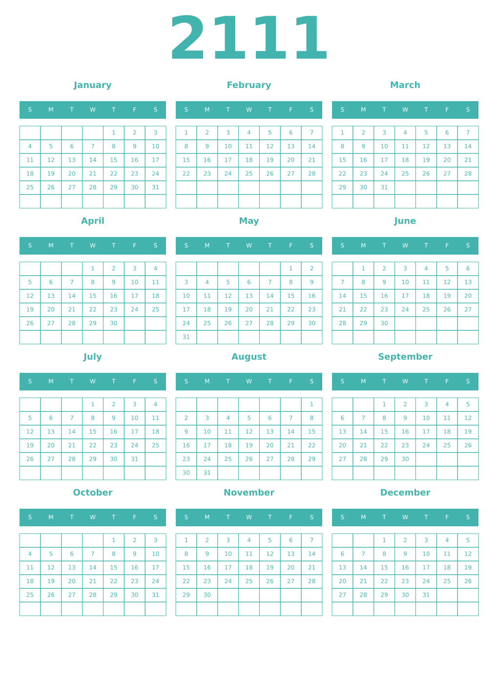 Printable 2111 Year Calendars verdigris
