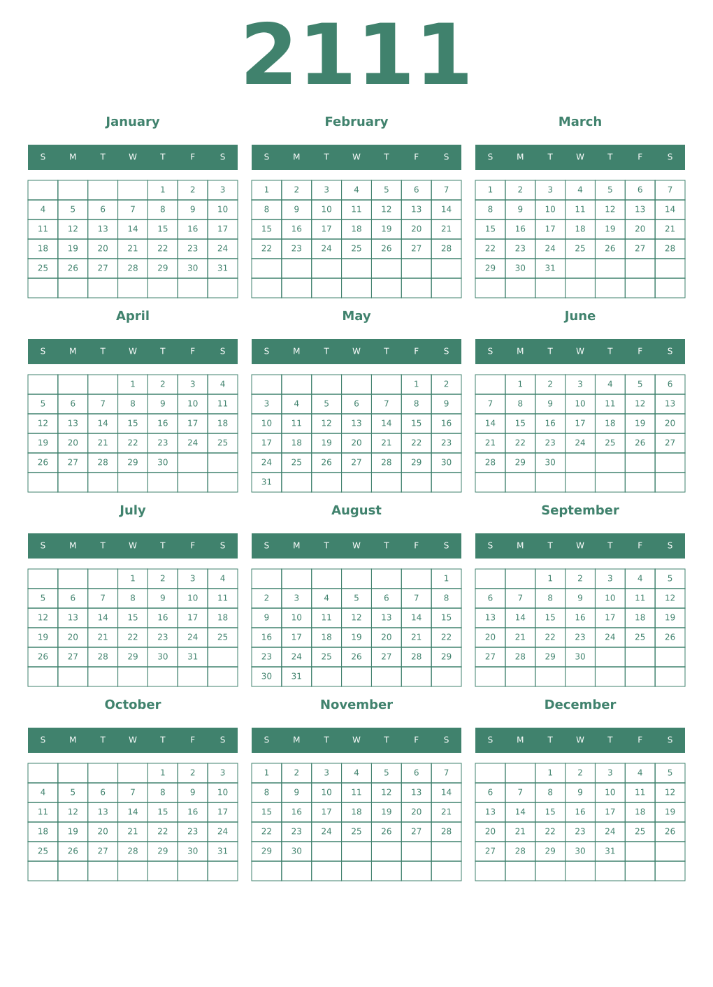 Printable 2111 Year Calendars viridian