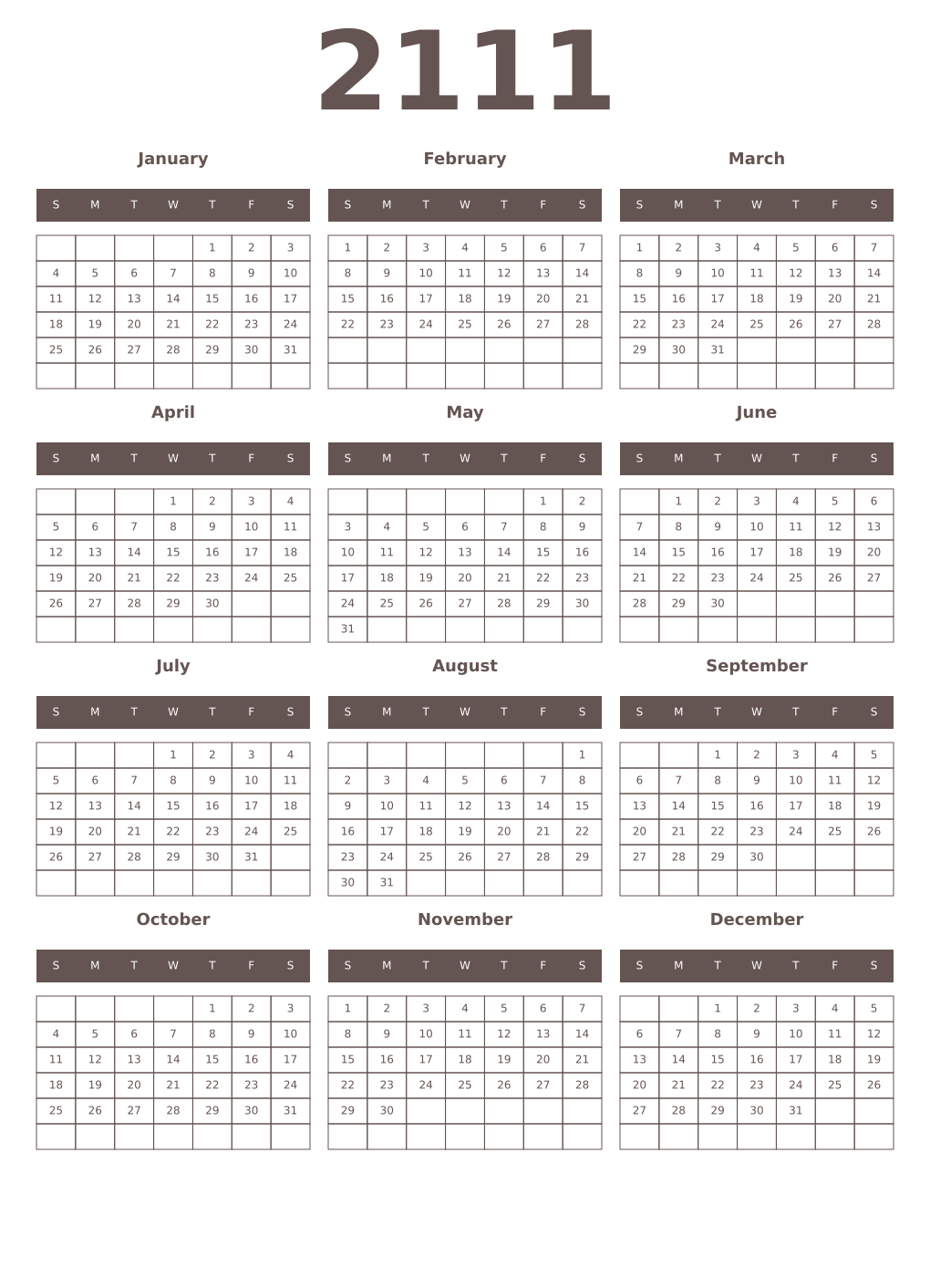 Printable 2111 Year Calendars wenge