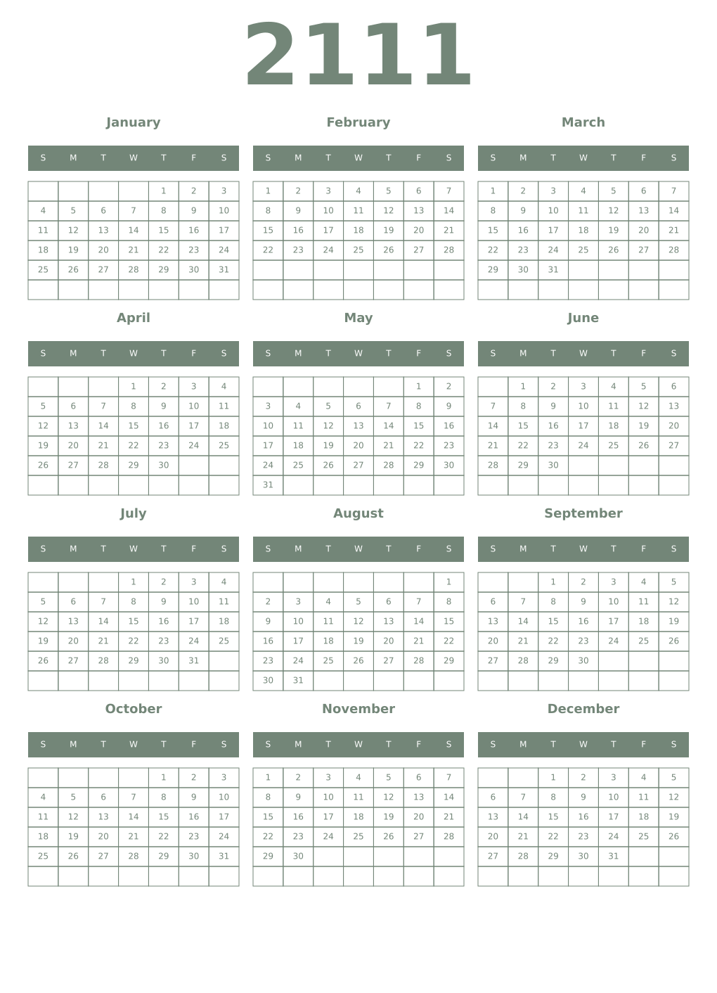 Printable 2111 Year Calendars xanadu