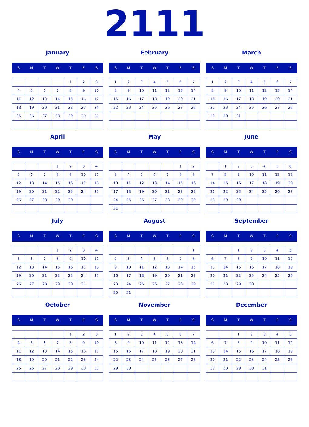Printable 2111 Year Calendars zaffre