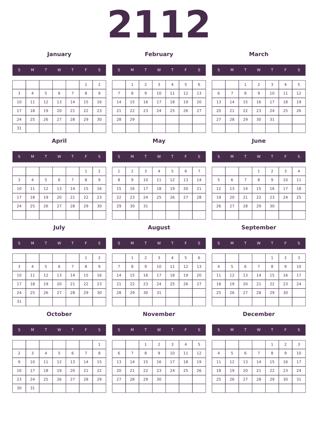 Printable 2112 Year Calendars aubergine