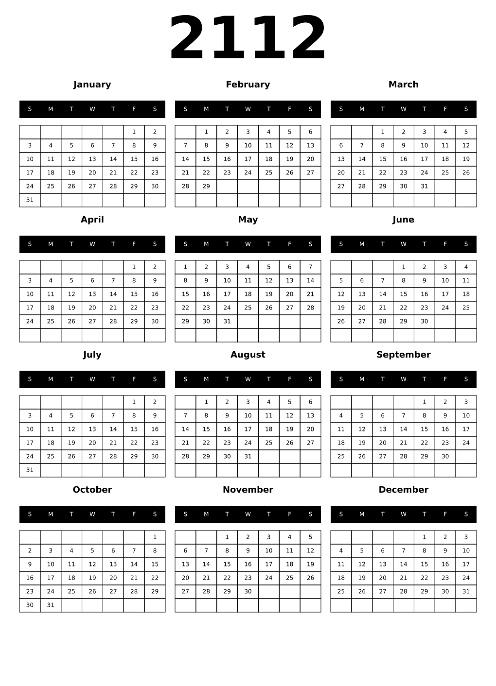 Printable 2112 Year Calendars black