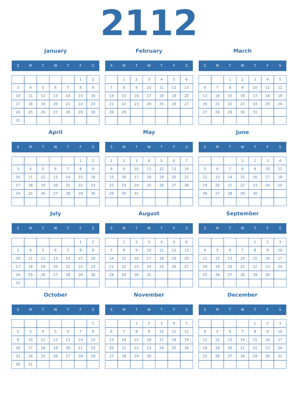 Printable 2112 Year Calendars blue