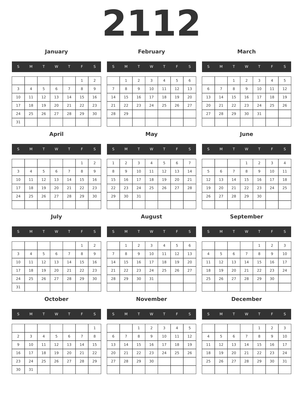 Printable 2112 Year Calendars dark