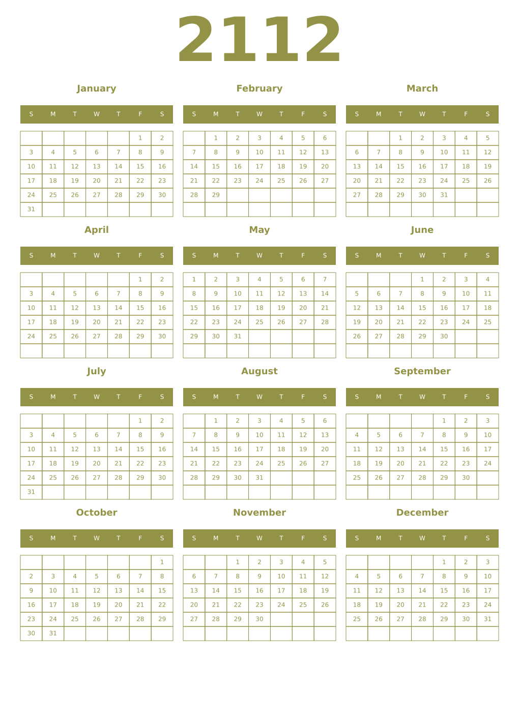 Printable 2112 Year Calendars eburnean