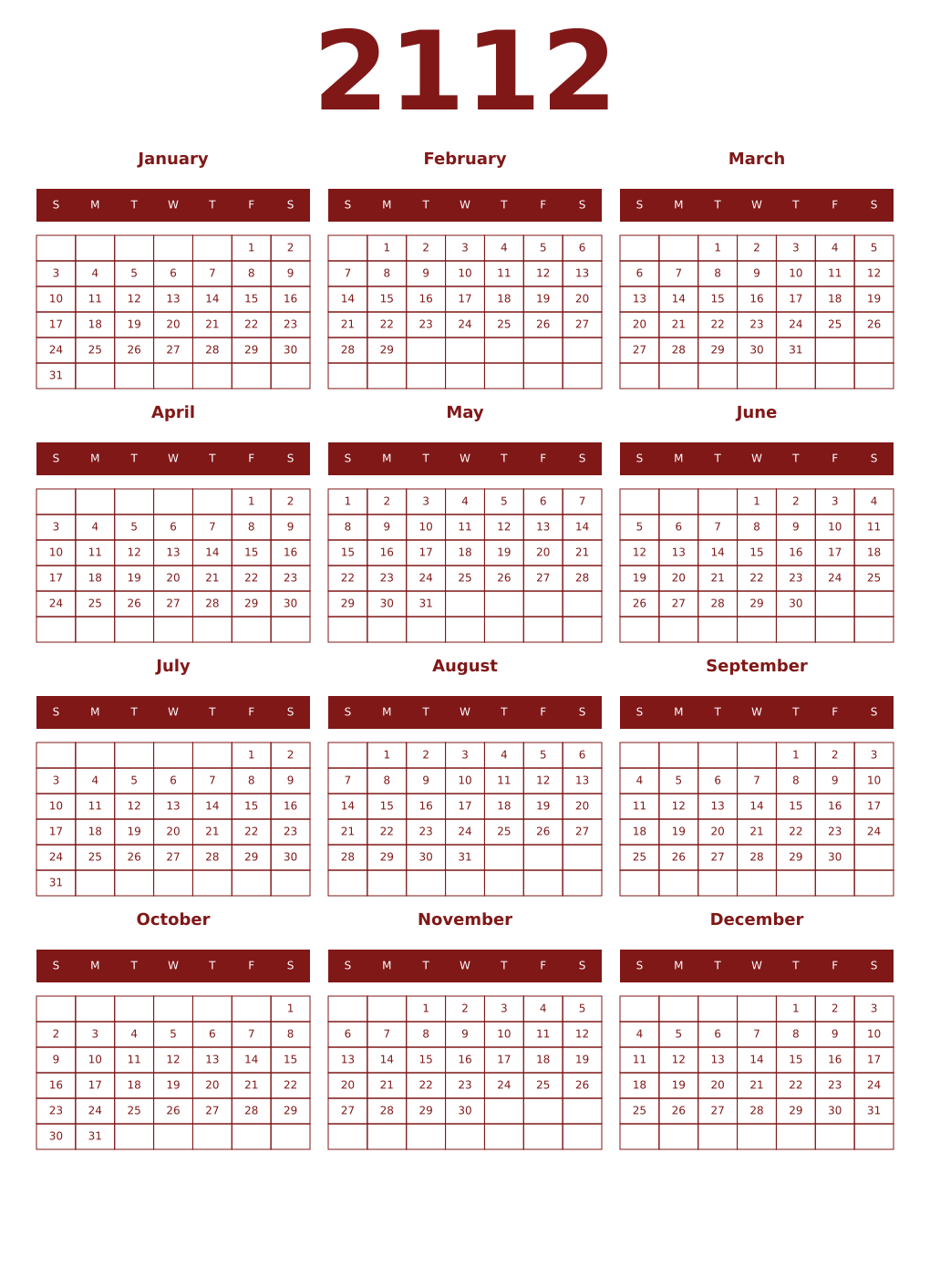 Printable 2112 Year Calendars falu