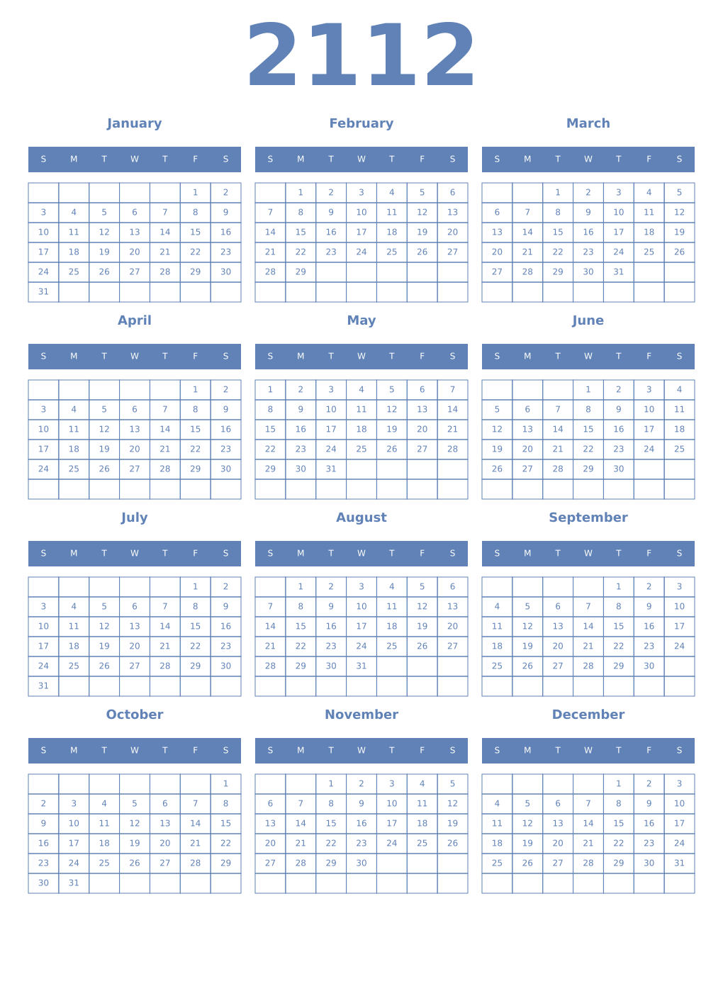 Printable 2112 Year Calendars glaucous