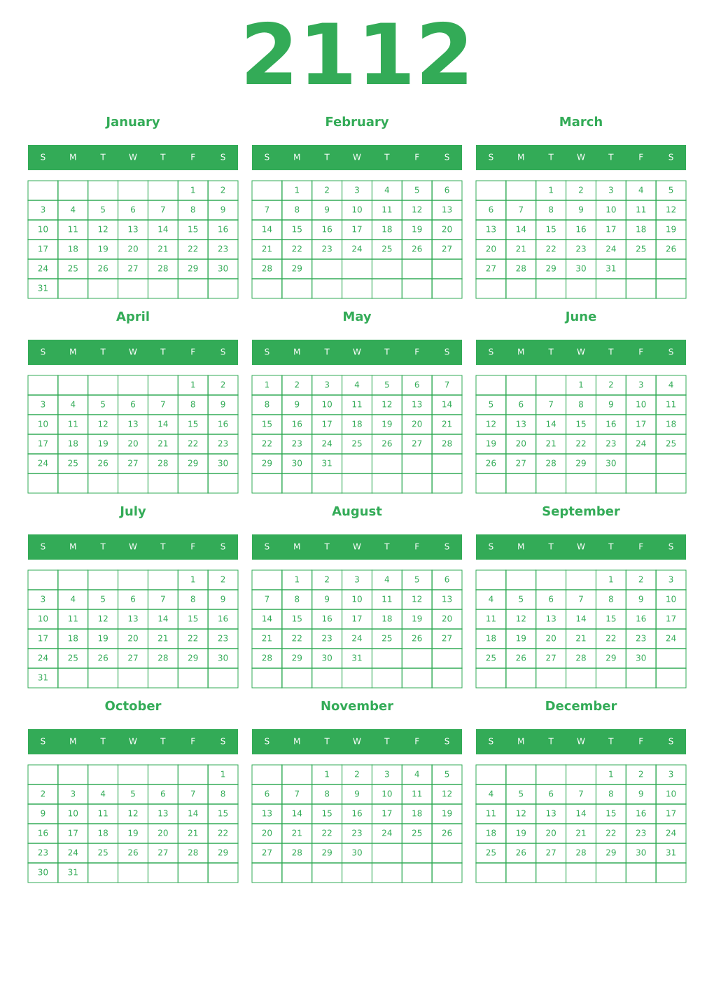 Printable 2112 Year Calendars green