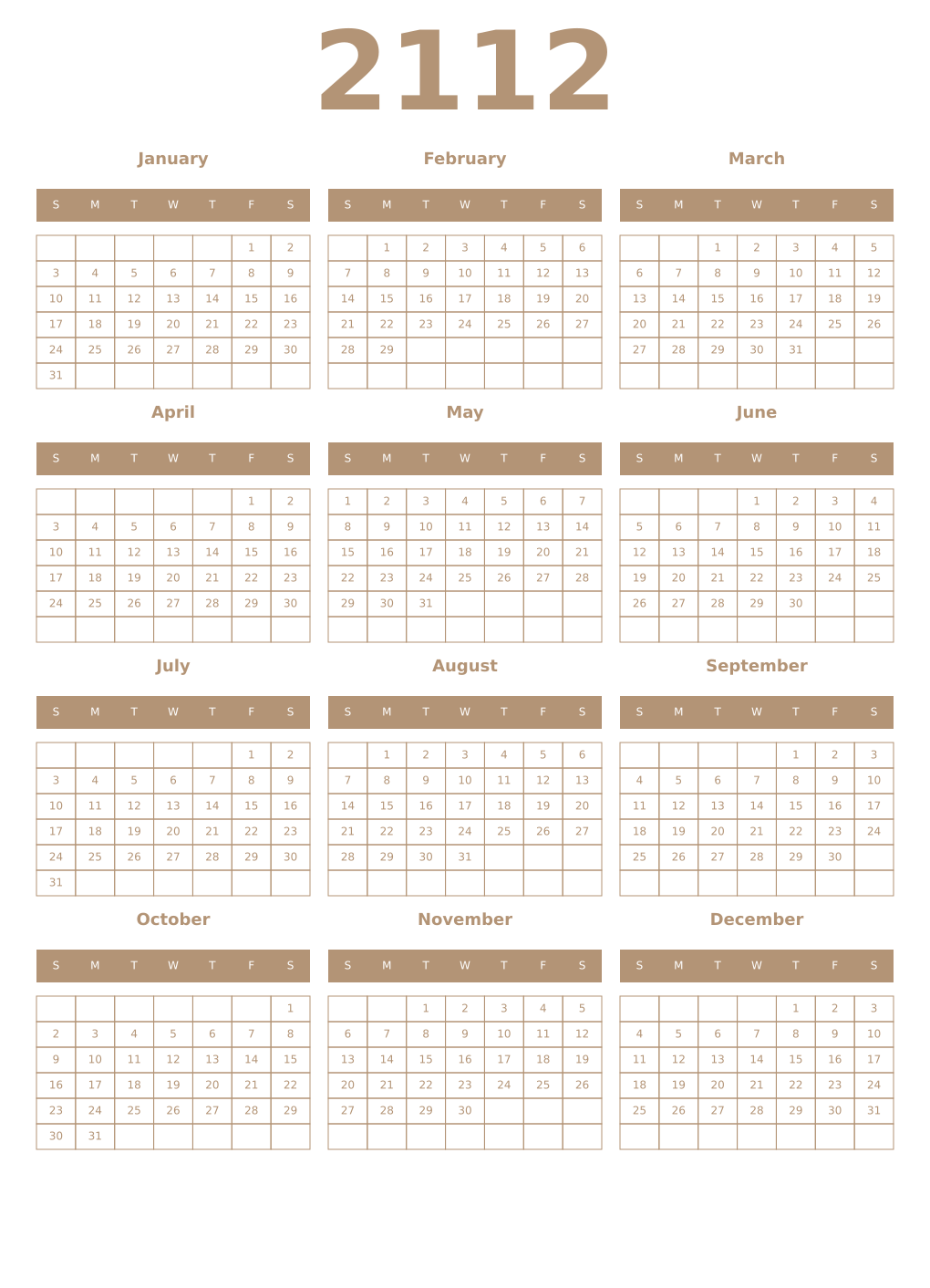 Printable 2112 Year Calendars isabelline