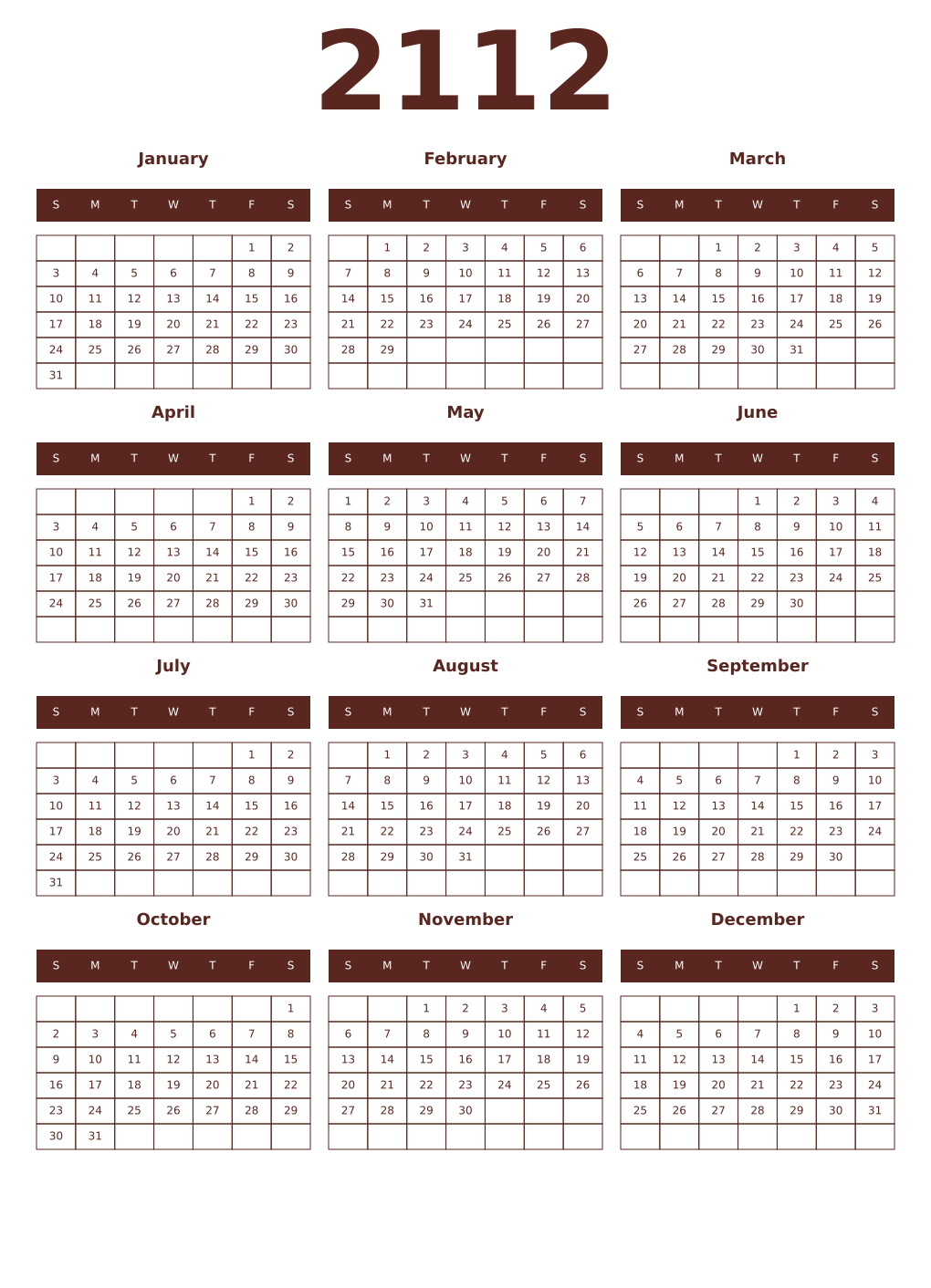 Printable 2112 Year Calendars mortuum