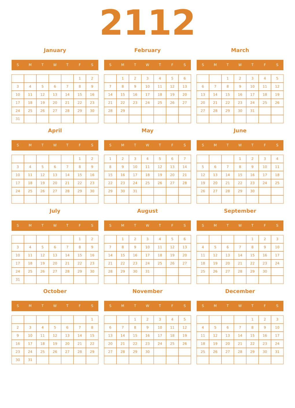 Printable 2112 Year Calendars orange