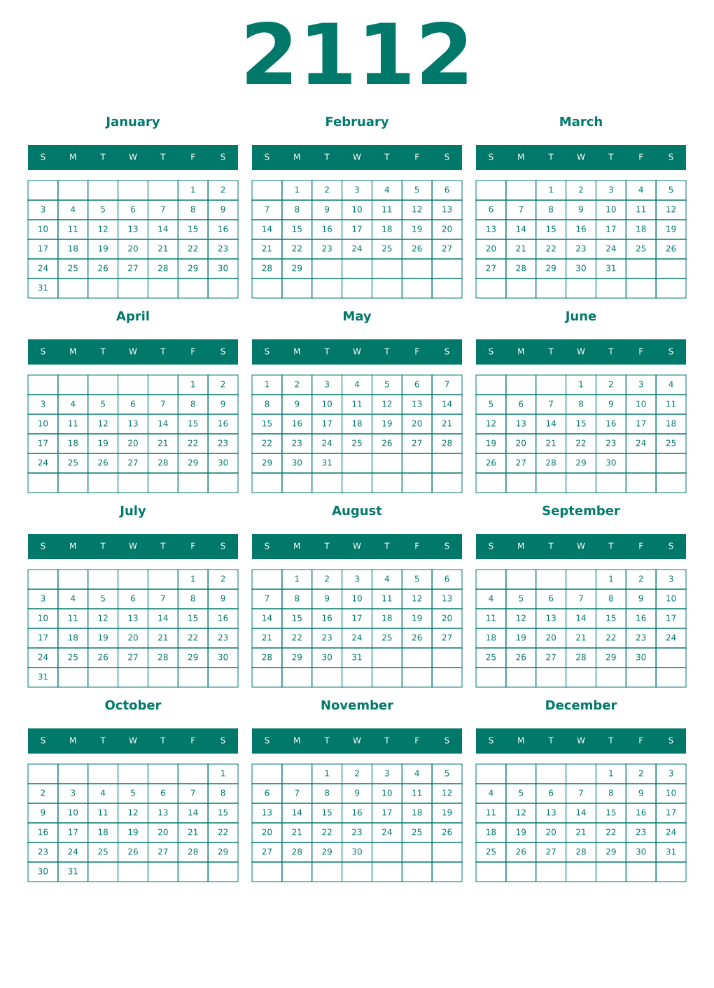 Printable 2112 Year Calendars pastel
