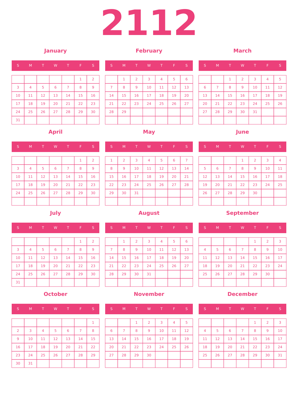 Printable 2112 Year Calendars pink