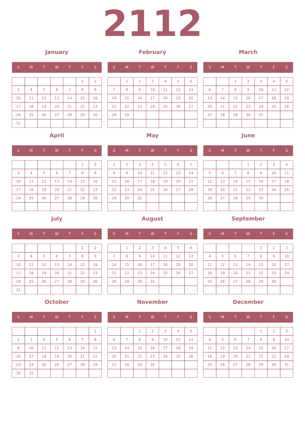 Printable 2112 Year Calendars puce