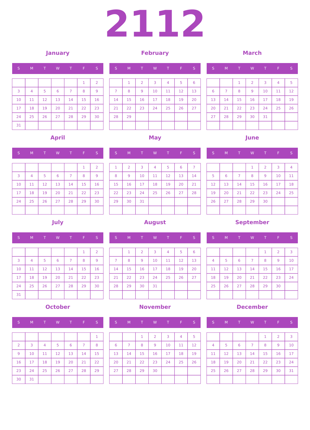 Printable 2112 Year Calendars purple