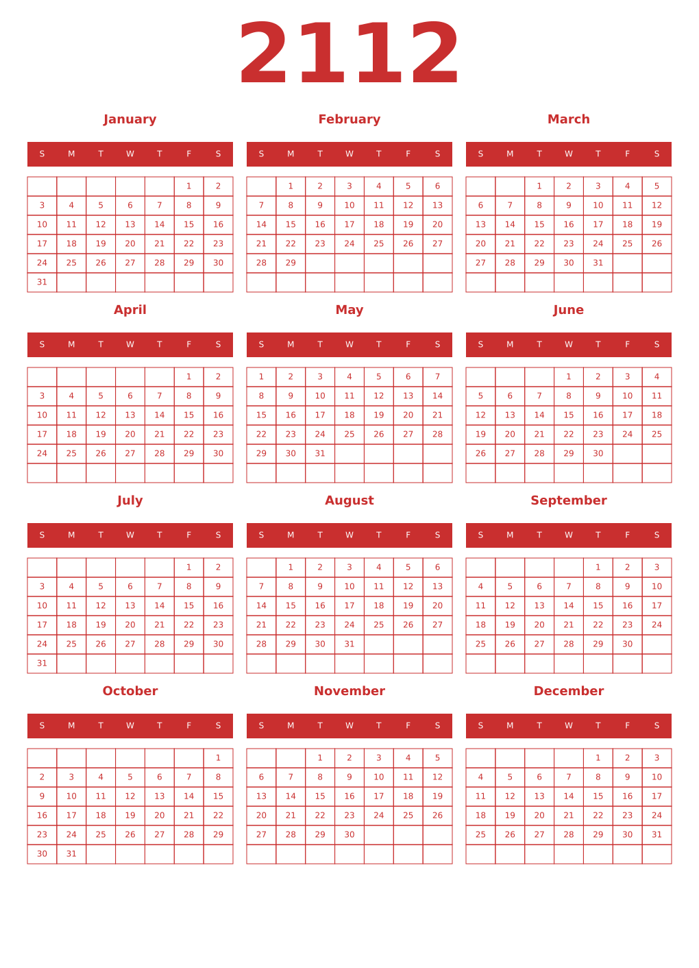 Printable 2112 Year Calendars red