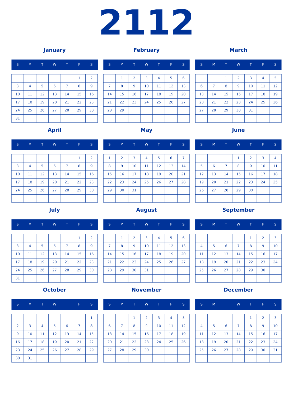 Printable 2112 Year Calendars smalt