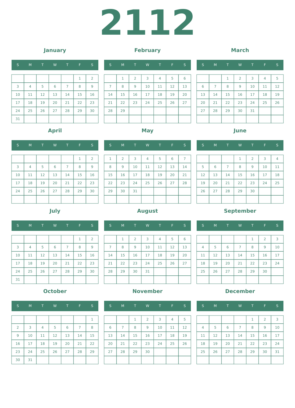 Printable 2112 Year Calendars viridian