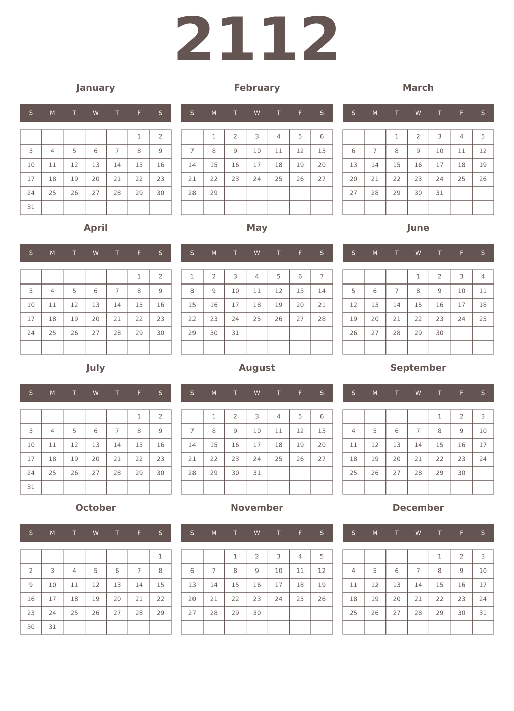 Printable 2112 Year Calendars wenge