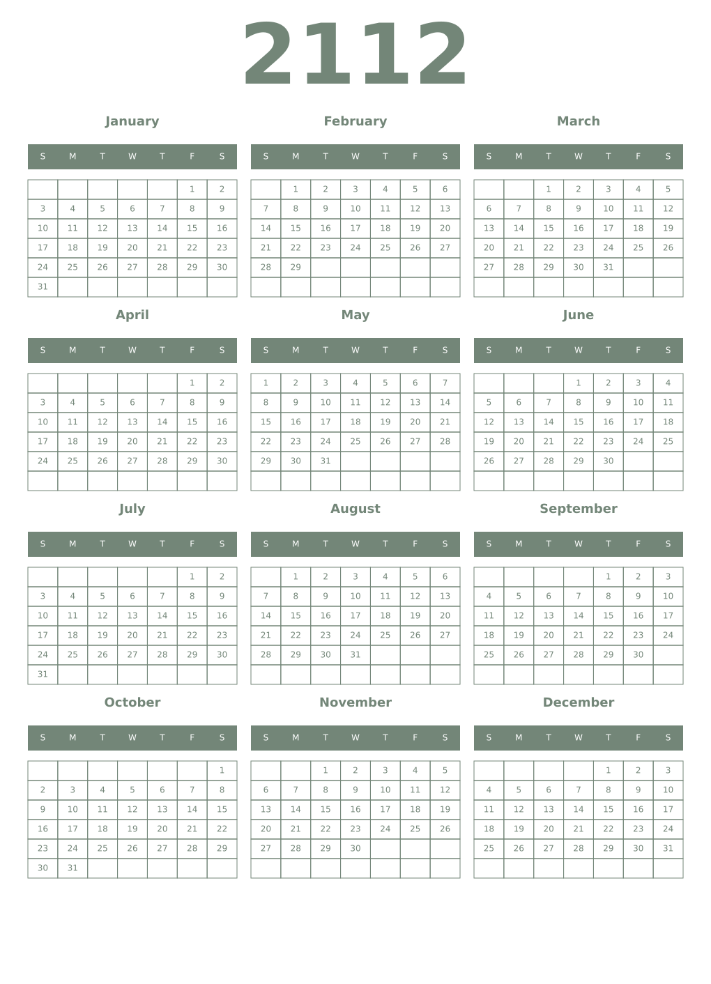 Printable 2112 Year Calendars xanadu