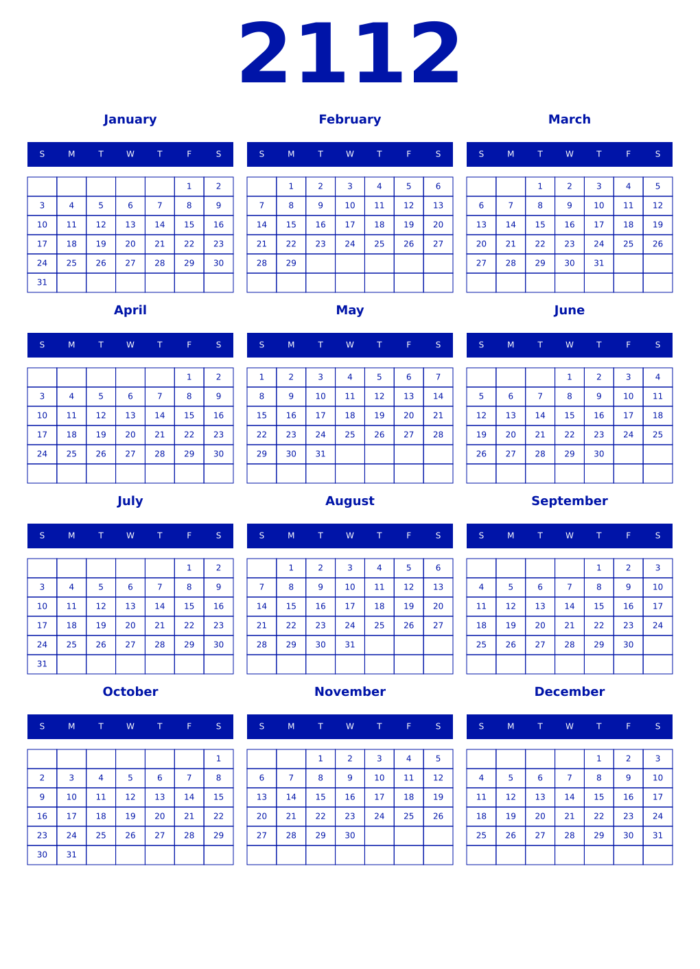 Printable 2112 Year Calendars zaffre