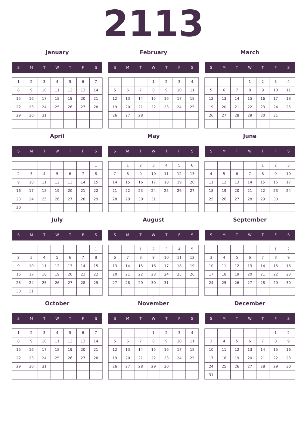 Printable 2113 Year Calendars aubergine