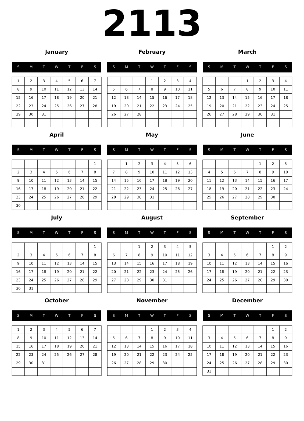 Printable 2113 Year Calendars black