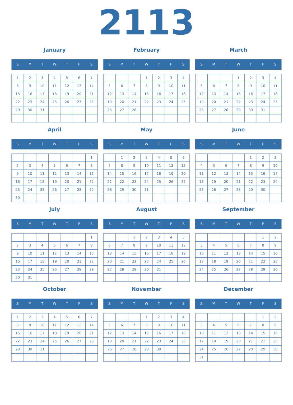 Printable 2113 Year Calendars blue