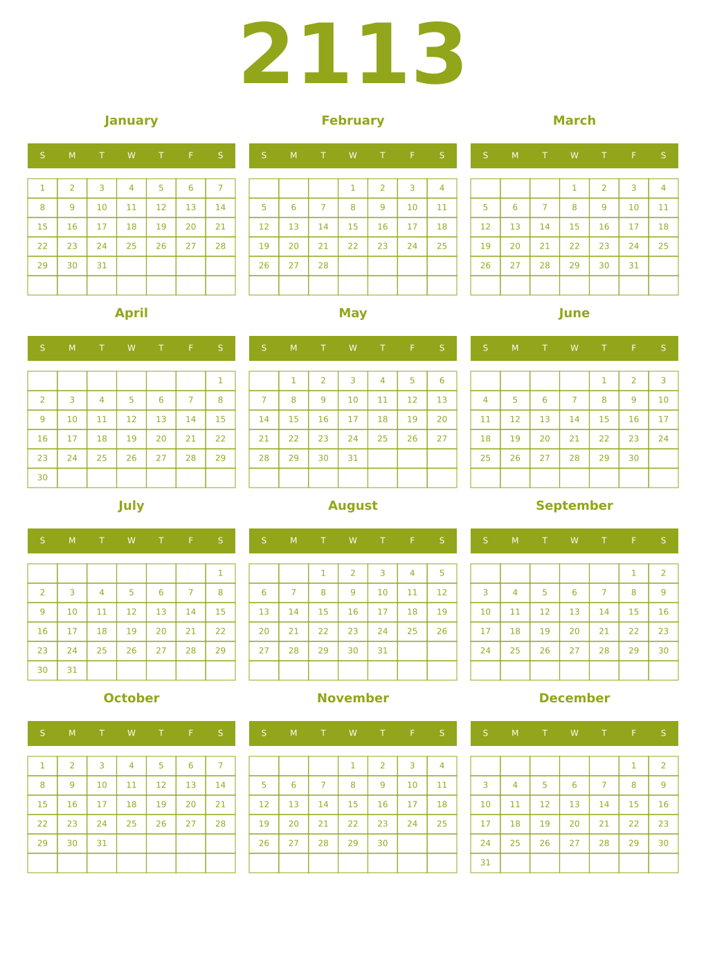 Printable 2113 Year Calendars chartreuse